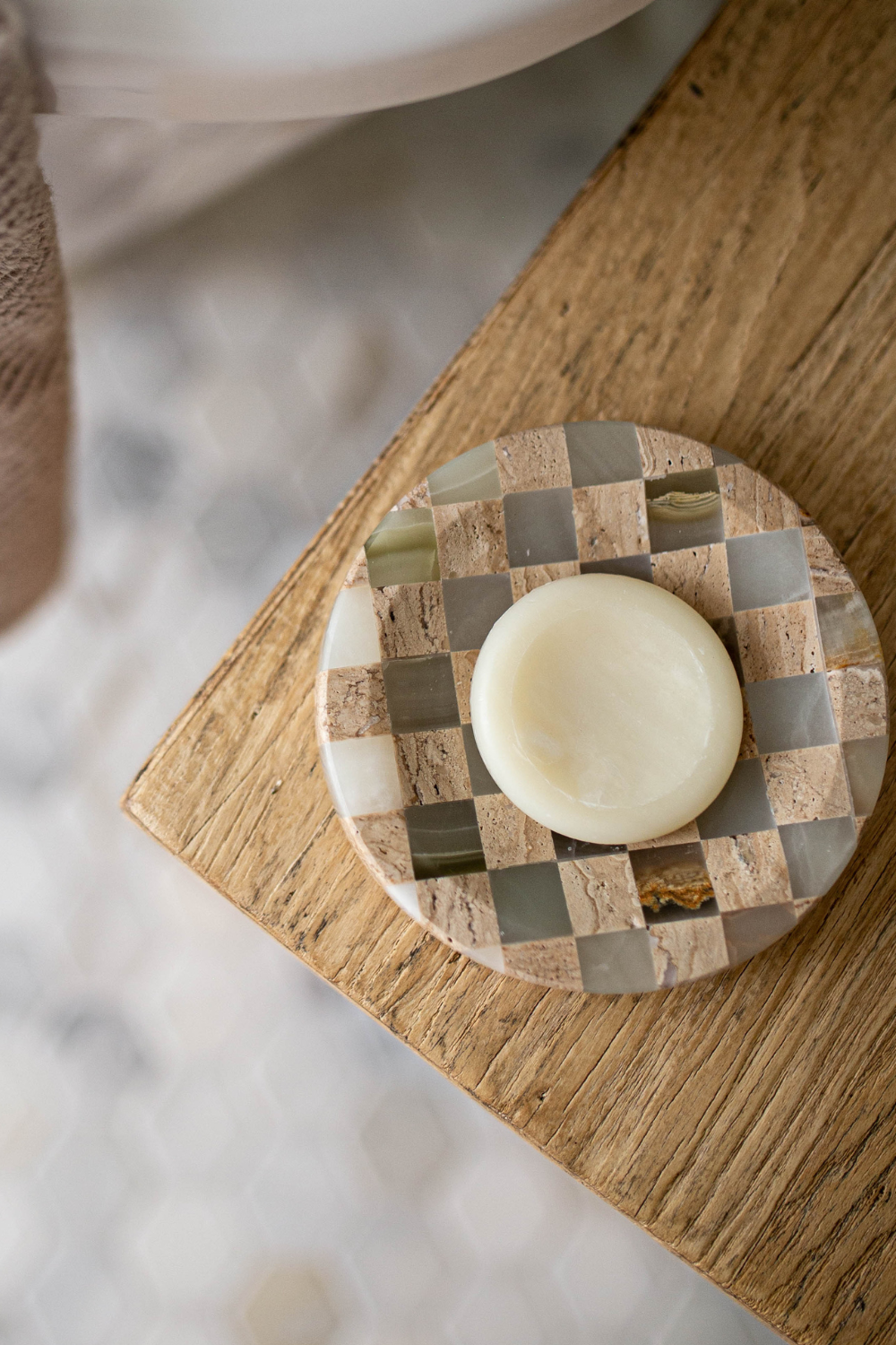 Checkered Travertine & Marble Soap Dish