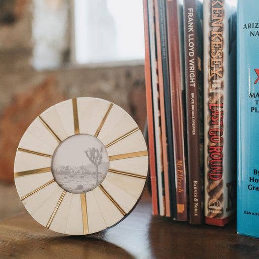 Mukhendu 2.5x2.5 Round Picture Frame - Bone, Brass Accents
