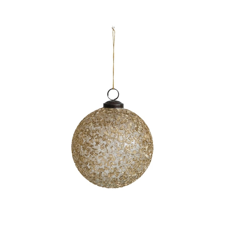 5" Round Glass Ball Ornament W/ Beads, Gold
