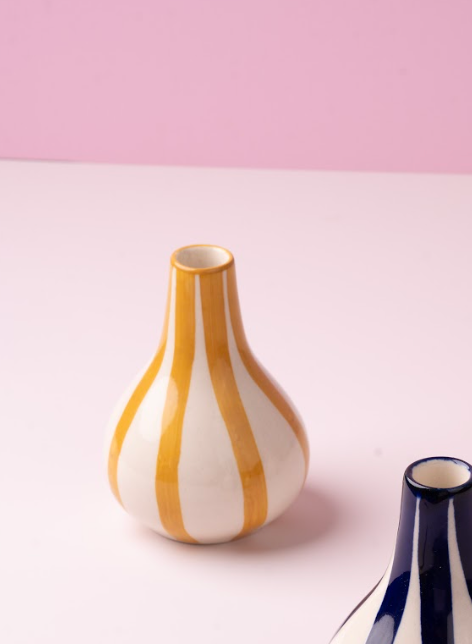 Ceramic Stripe  bud vase, Yellow-  3.5 x 3.5 x 4.75 Inches - Casa Amarosa