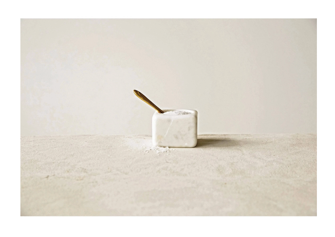 White Marble salt dish w/brass spoon- Creative Co-op