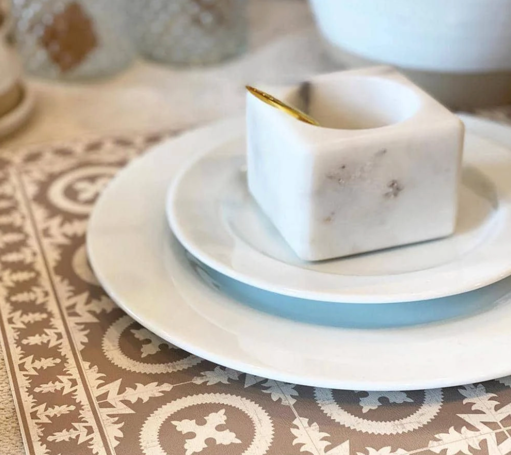 White Marble salt dish w/brass spoon- Creative Co-op